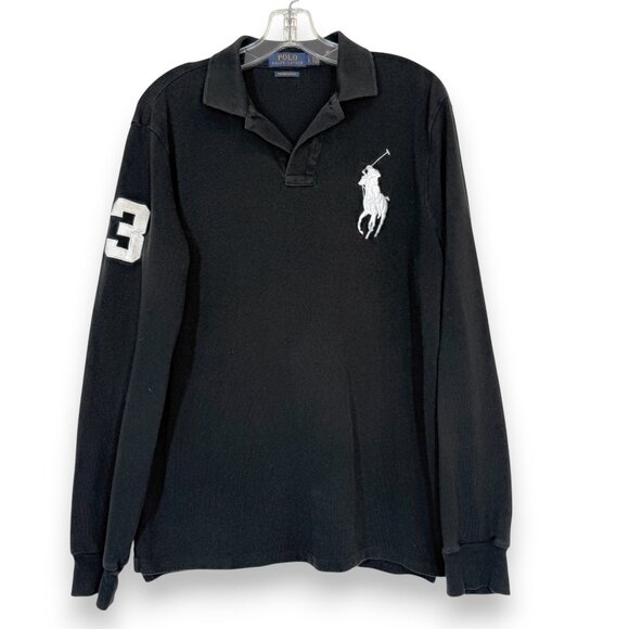 Ralph Lauren Polo Shirt Large Pony Logo Black Long Sleeve Preppy Large - Picture 1 of 10